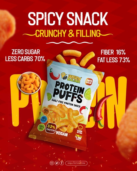 This creative uses a direct, benefit-led approach by juxtaposing the crunchy protein snack with bold nutritional statistics against a high-contrast red background.